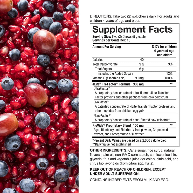 4Life RioVida Chews Berry Immune Support with Vitamin C, 30 Chews | Berry nutrient blend, Vitamin C, Colostrum peptides, Acai, Blueberry, Pomegranate, Elderberry, Individually wrapped