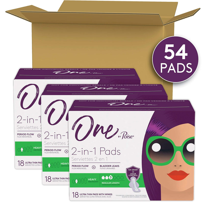 [Australia] - One by Poise Feminine Pads with Wings (2-in-1 Period & Bladder Leakage Pad for Women), Regular, Heavy Absorbency for Period Flow, Light Absorbency for Bladder Leaks, 54 Count (3 Pack of 18) Ultra Thin Heavy Pads (54 Count) 