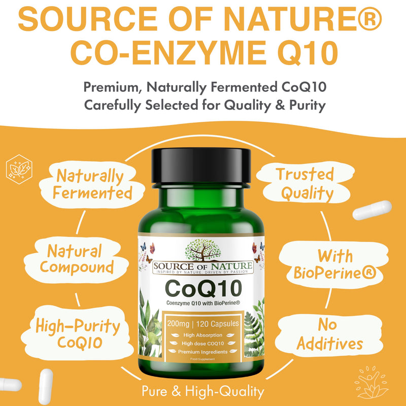 Source of Nature® Coenzyme Q10 200mg - 120 Vegan Capsules (4-Month Supply) | Naturally Fermented Bioidentical Ubiquinone | High Strength & 99% Pure | with BioPerine® Black Pepper Extract