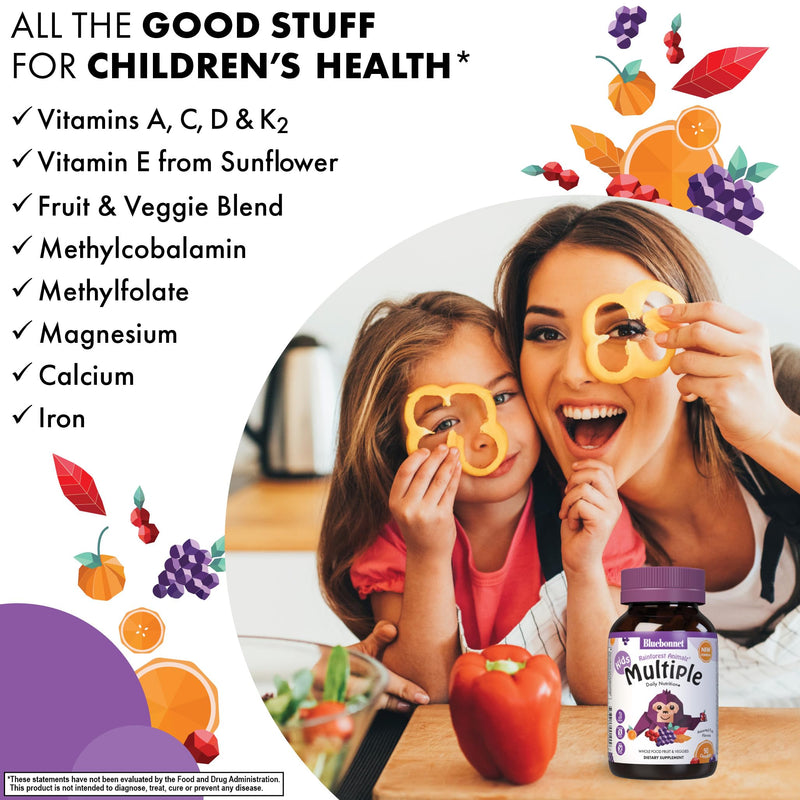 Bluebonnet Nutrition Rainforest Animalz Whole Food Based Multiple Chewable Tablets, Kids Multivitamin & Mineral, Vitamin C, D3, Iron, Gluten Free, Milk Free, Kosher, 90 Chewable Tablets, Mixed Flavors | Vegetarian, Kosher, Gluten-Free, Dairy-Free