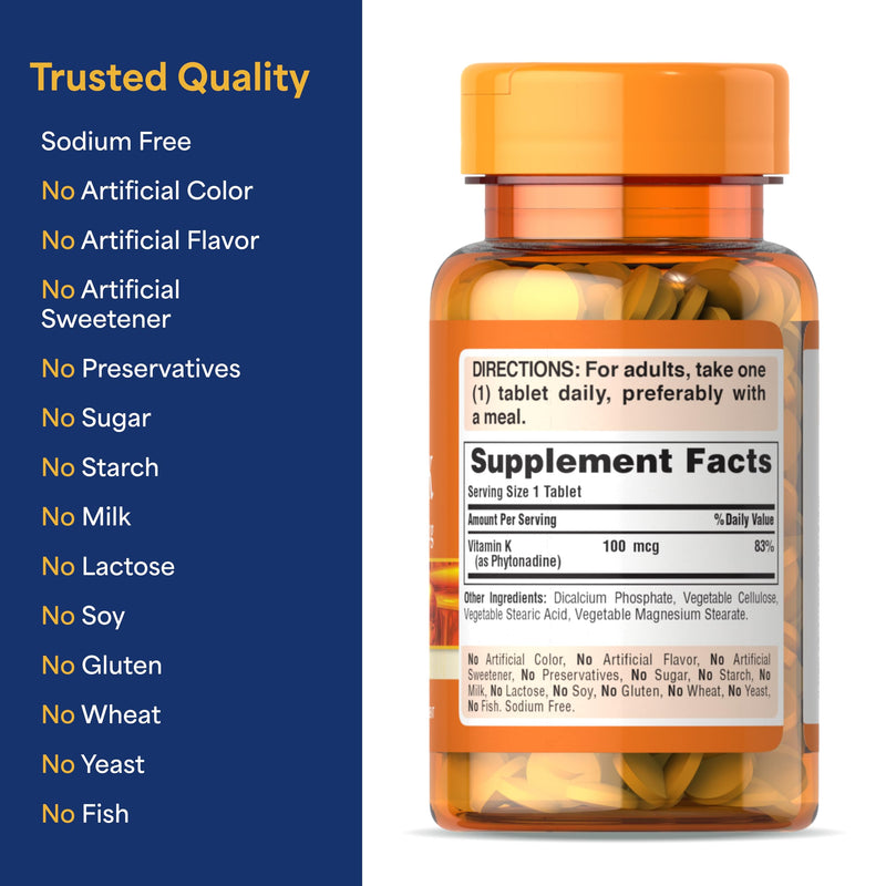 [Australia] - Puritan's Pride Premium Vitamin K 100mcg, Dietary Supplement for Bone, Joint, and Blood Clotting Health Support, 100 Day Supply, 100 Tablets 