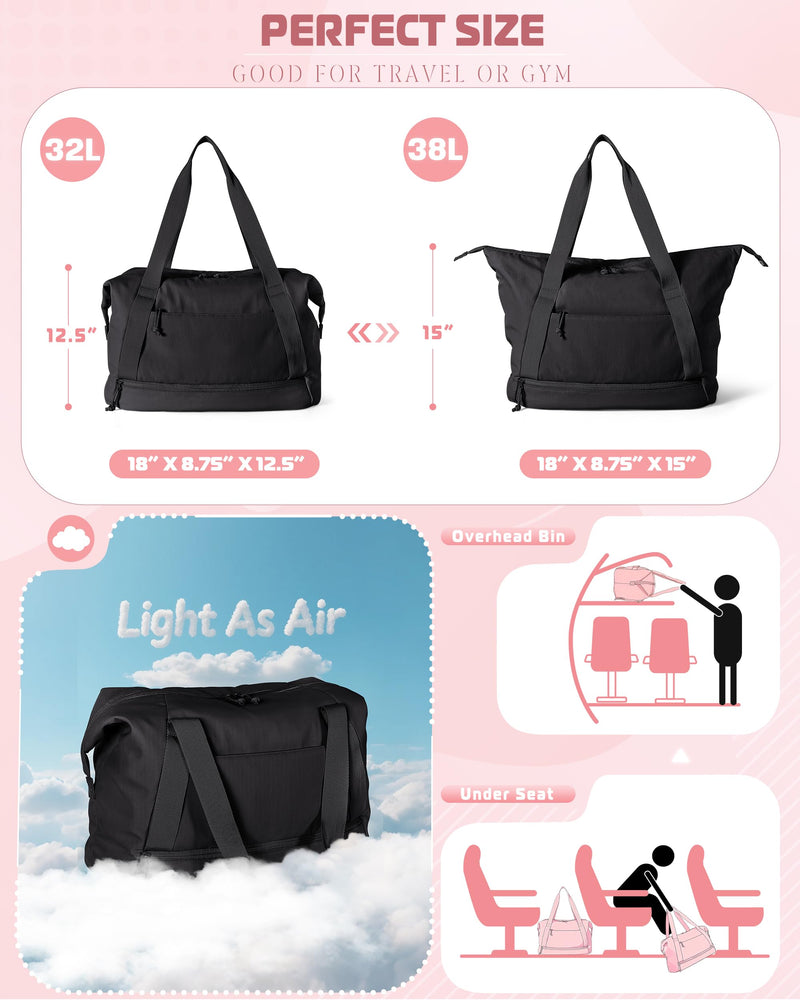 Smasrob Travel Duffle Bag with Shoe Compartment and Laptop Sleeve for Women | Lightweight Weekender Duffel Bag for Travel, Gym, Hospital Labor Delivery, Black