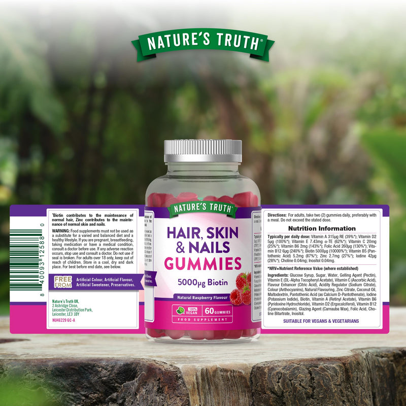 Hair, Skin, Nails Gummies | 5000µg Biotin, Vitamin C, E, Zinc, Iodine & More | Beauty Vitamins | for Women & Men | 60 Raspberry Gummies | Vegan | Nature's Truth
