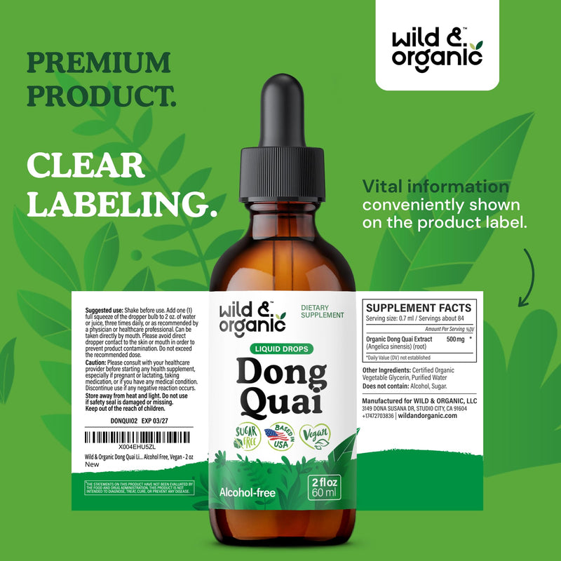 [Australia] - Wild & Organic Dong Quai Tincture 500 mg - Angelica Root Supplements for Women - Dong Quai Root Liquid Extract Drops - Angelica Sinensis Herb - No Sugar & Alcohol - 2 fl oz 2 Fl Oz (Pack of 1) 