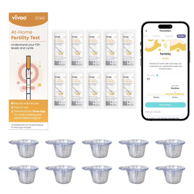 Vivoo FSH Fertility & Menopause Test — At-Home Ovarian Reserve and Perimenopause Hormone Test for Women | 10 FSH Test Strips + 10 Cups | 5-Min Results | Free App Tracking