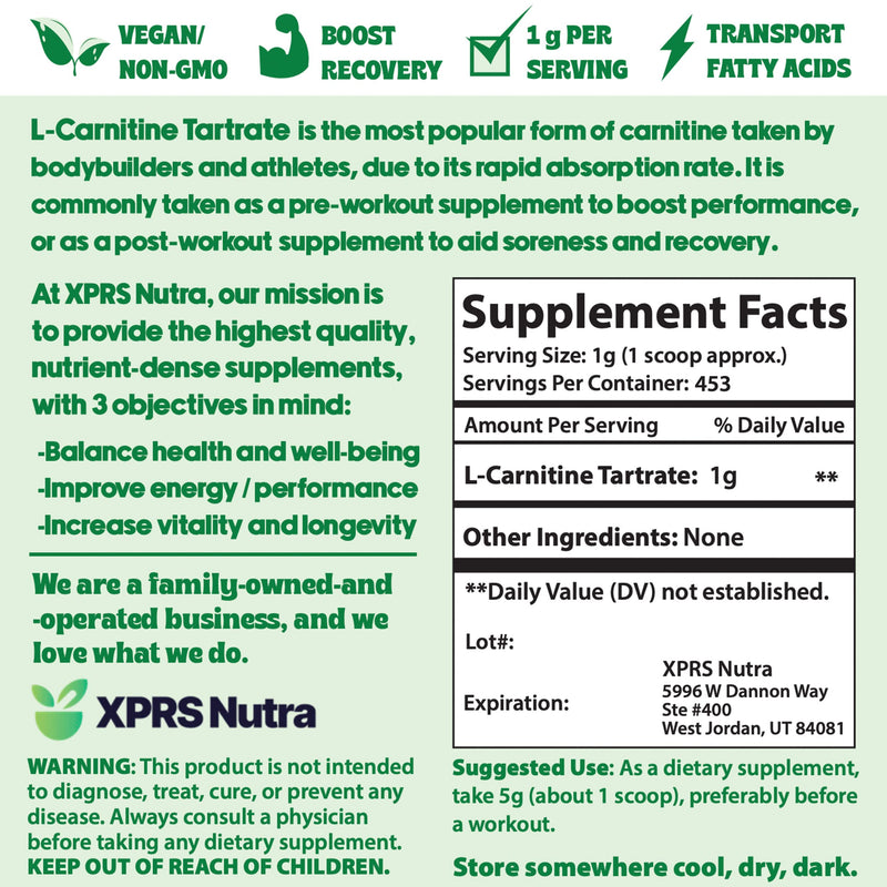 [Australia] - XPRS Nutra L Carnitine L Tartrate Powder - Premium Pure L Carnitine Tartrate - L-Carnitine Powder - Vegan Friendly Bulk L Carnitine - Amino Acid Supplement (16 Ounce) 1 Pound (Pack of 1) 