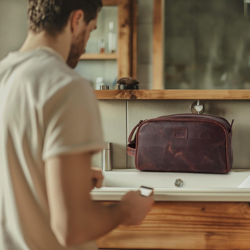 LEATHER VILLAGE Leather Toiletry Bag for Men, Travel Dopp Kit Shaving Bag | Full grain buffalo leather, water-resistant lining, 10x6x6 in YKK zippers, side handle, travel shaving & grooming kit -Cherry Mulberry Brown