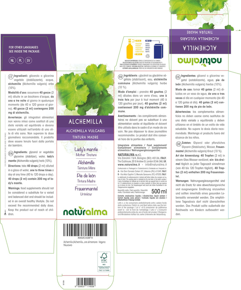 Lady's Mantle (Alchemilla vulgaris) herb Alcohol-Free Mother Tincture Naturalma - Liquid Extract Drops 500 ml - Food Supplement - Vegan 500 ml (Pack of 1)