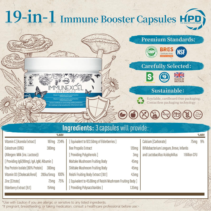 Immune Support 19-in-1 Capsules(90) – Colostrum, Reishi, Elderberry, Probiotics, Propolis, Vitamin C D Zinc – Gut Health, Allergy Relief & Immunity Booster by HPD | All Age, Gluten Free