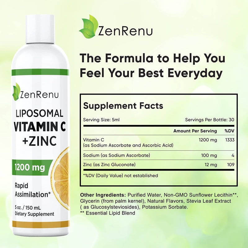 Liposomal Vitamin C and Zinc Liquid Drink for Adults & Kids - Non GMO Sunflower Lecithin - Max Antioxidant & Immune Support, 5 oz / 150 ml