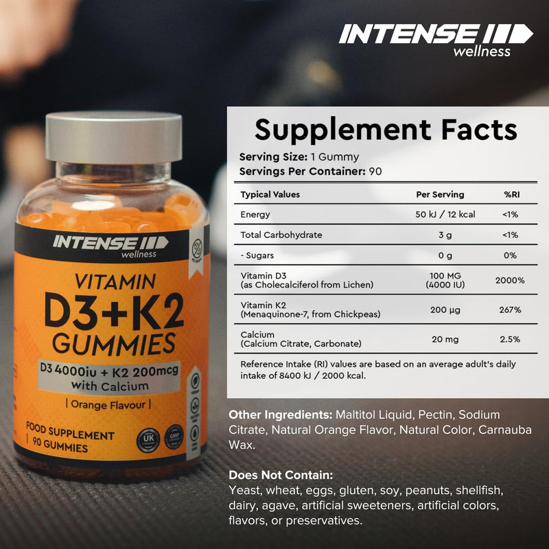 High Strength 90 Vitamin D3 4000 IU Gummies with K2 & Calcium - Sugar Free Orange Chewable for Strong Bones, Teeth & Immune Health - Non-GMO Vegan Gluten-Free - Vitamins D Food Supplement 90 count (Pack of 1)