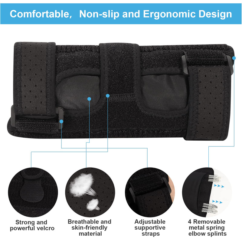 Elbow Splint Tendonitis Elbow Brace, Cubital Tunnel Syndrome Brace with 4 Removable Metal Spring Splints for Sleeping, Elbow Immobilizer for Ulnar Nerve Entrapment， Golfers Elbow (S/M) Elbow Brace S/M