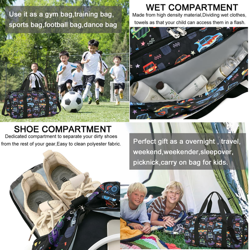 Kids Duffel Overnight Bag Boys Girls Toddler Weekender Carry-On Personalized Tote for Travel Gym Sport (A-Car) A-Car
