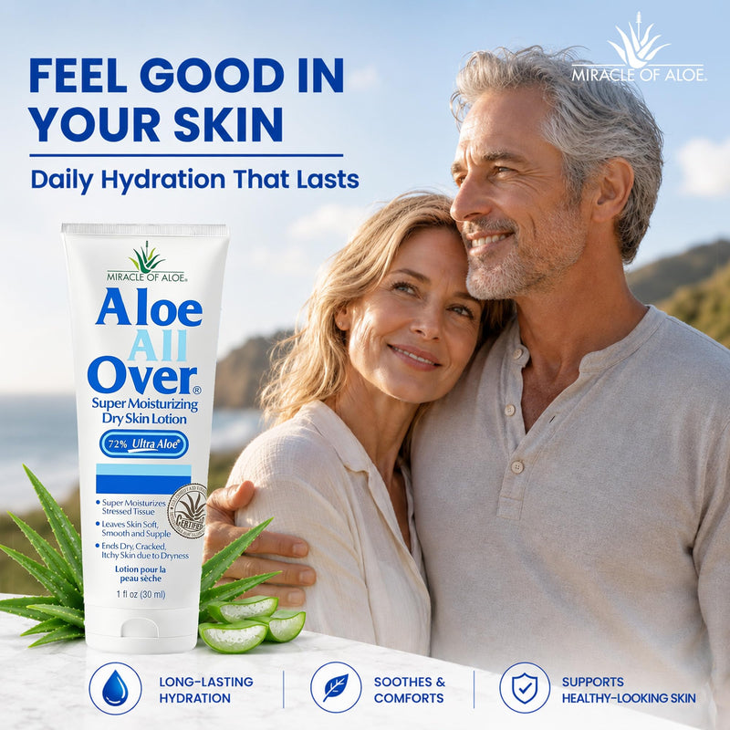 Miracle of Aloe Aloe Vera Lotion, 72% UltraAloe Gel, Dry Skin, 1 Oz, 3 Pack | For Face, Hands & Body Moisturizer, After Sun Lotion For Men, Women & Kids, With Chamomile & Vitamin E, Travel Size 1 Ounce (Pack of 3)