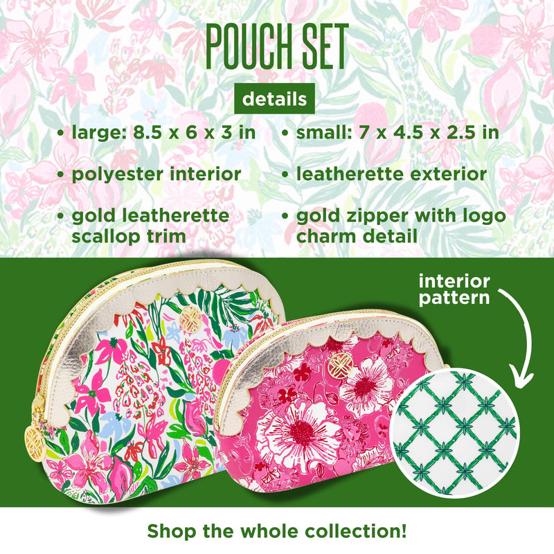 Lilly Pulitzer Vegan Leather Zipper Pouch Set of 2, Large and Small Travel Toiletry Bags with Scallop Edges for Supplies, Makeup or Toiletries (Glowing Garden/Feeling Poppy)