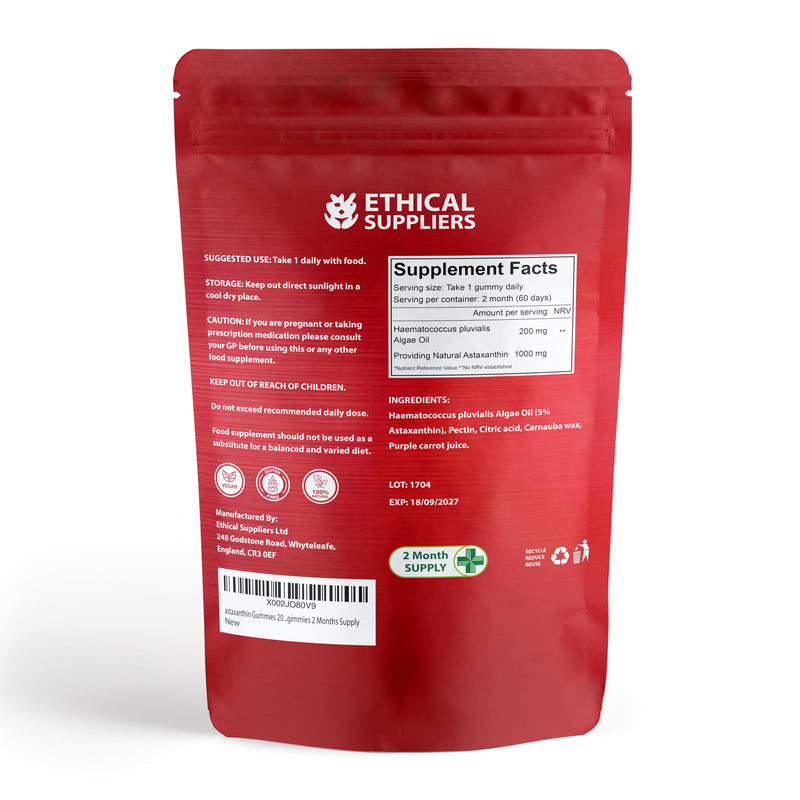 Astaxanthin Gummies - 60 Vegan Astaxanthin 20mg Gummies - 60 Day 2 Month Supply - Natural Antioxidant- Cranberry Flavour