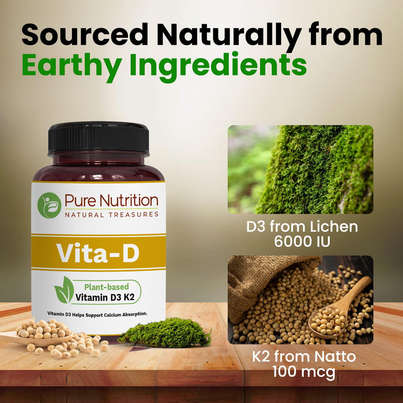 Pure Nutrition Vitamin D3 K2 Supplement (D3 6000iu + K2 MK7 100mcg) | 120 Tabs | Plant Based Vitamin D3 K2 Supplement to Support Calcium Absorption | Vegan Vitamin K2 D3 | Non GMO