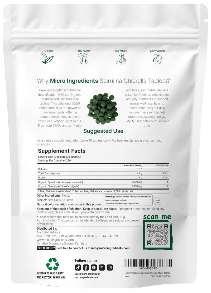[Australia] - Micro Ingredients Organic Spirulina Chlorella Mini Tablets, 2,500 Tablets (8 Month Supply) | 50/50 Blend Superfood | Cracked Cell Wall for Better Absorption | Rich in Vegan Protein & Chlorophyll 