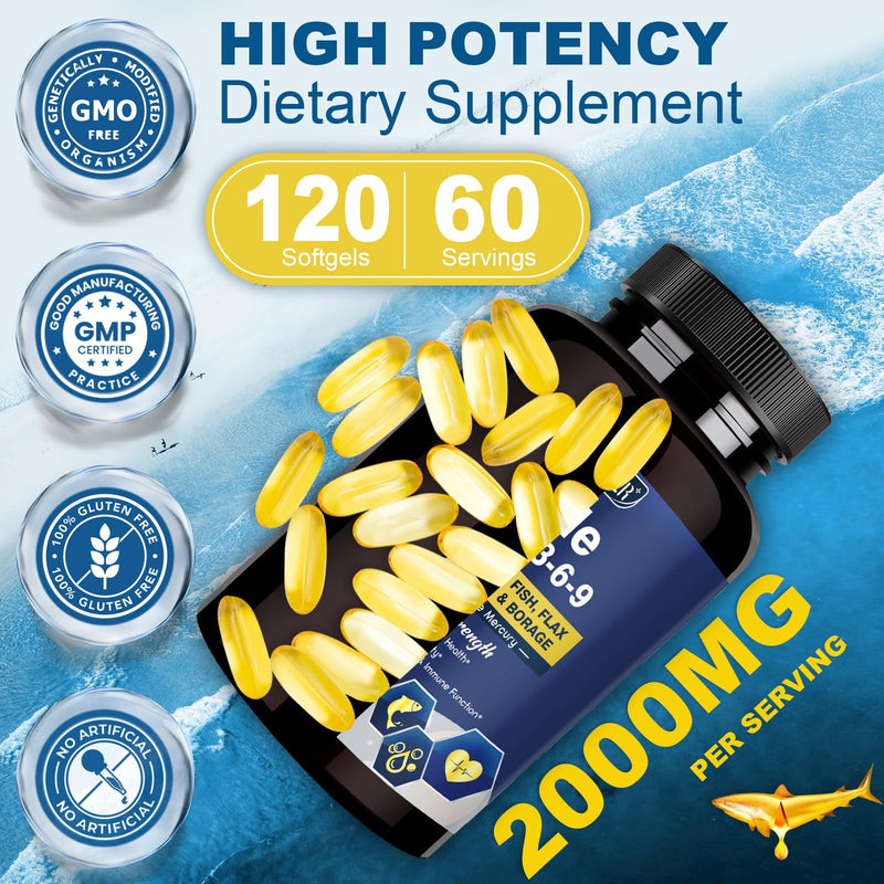 [Australia] - Triple Omega 3-6-9 Fish Oil 2000mg with Vitamin E - EPA & DHA Fatty Acids Supplement - Supports Heart, Brain, Eye, Skin & Immune Health - Includes Flaxseed & Borage, Non-GMO, 120 Softgels 