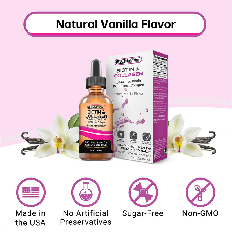 SBR Nutrition Biotin and Collagen Liquid Drops Daily Food Supplement, Vitamins for Hair Growth and Thickening, Skin Health and Nail Strength, 2 oz (60mL)
