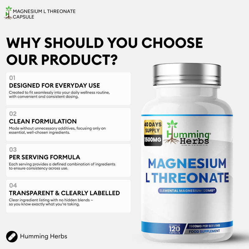 Humming Herbs Magnesium L-Threonate Supplement 1500mg per Serving | Provides 120mg Elemental Magnesium (30% NRV) | 120 Vegan Capsules | 40 Day Supply