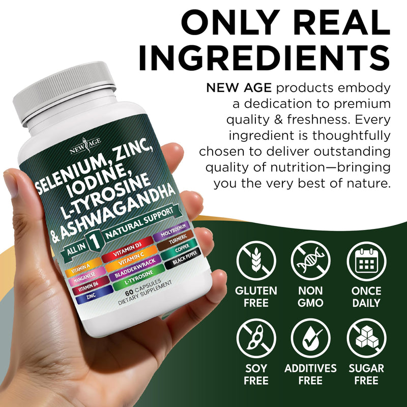 [Australia] - NEW AGE Selenium, Zinc, Iodine, L Tyrosine, Ashwagandha - Supplement for Women and Men with Bladderwrack, Turmeric, Silica Kelp, Schisandra - 120 Count 60 Count (Pack of 2) 