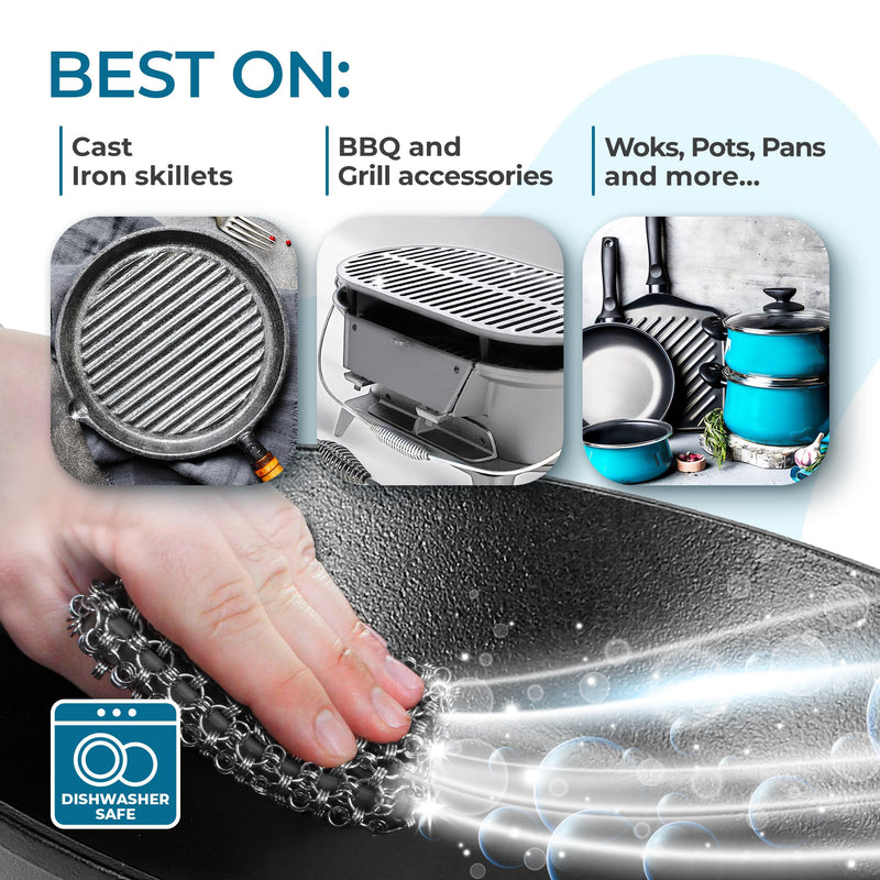 [Australia] - [EXCLUSIVE EDITION] BTLUX Cast Iron Scrubber – 316 Stainless Steel, Triple Ring Chainmail - Perfect Cleaner for Cast Iron Pans, Skillets, Pots, Woks (Black) Black 