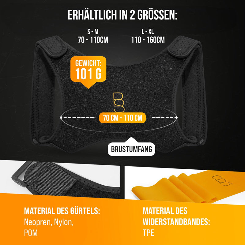 [Australia] - BODYSOLUTION back straightener - 3 in 1 - high-quality posture correction - back support belt for an upright posture - size-adjustable back strap - black - S-M polyoxymethylene S-M: 70cm - 110cm 