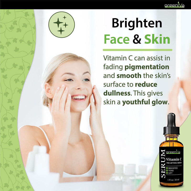 GreenIVe Vitamin C Serum for Face with Hyaluronic Acid & Vegetable Collagen - Tri-Lifting Hydrating Facial Serum - Brightening Skin Care for Glowing Complexion - Vegan & Cruelty Free - 1 fl oz 1 Fl Oz (Pack of 1)