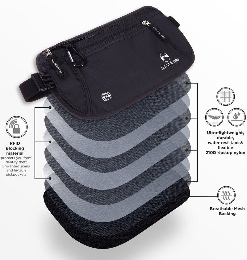 Alpine Rivers Money Belt for Travel - RFID Hidden Wallet, Onyx Black | Triple-layer RFID shielding, hidden passport holder and waist wallet, 7 card sleeves included, fits 26-56 inch waists