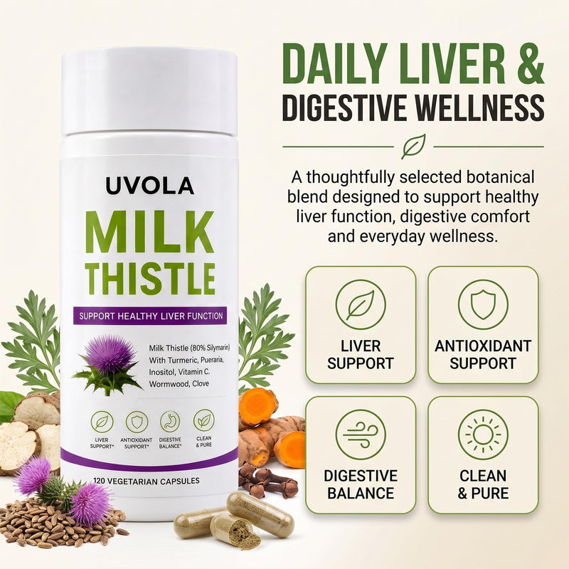 Milk Thistle Liver Support Supplement with 80% Silymarin, Inositol, Turmeric, Clove, Vitamin C and L-Methionine, Digestive and Antioxidant Support, 120 Capsules (2) 60 Count (Pack of 2)