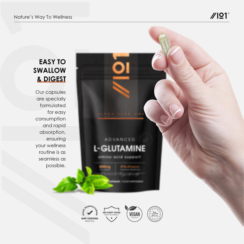 L-Glutamine 850mg with BioPerine® – 90 Vegan Capsules – Vegan Fermented Amino Acid – Resealable and Recyclable Pouch by Alpha01