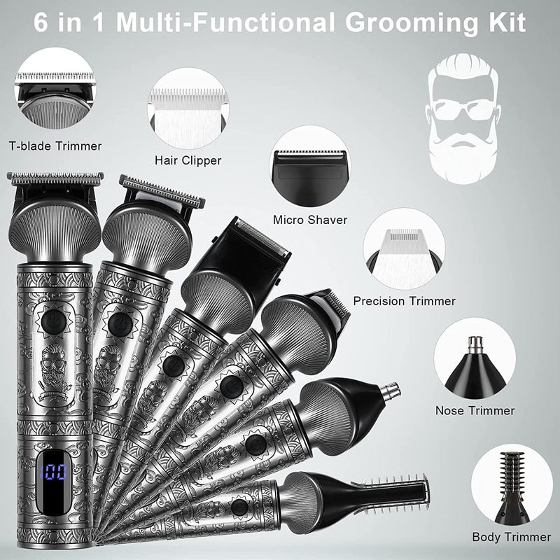 [Australia] - Hatteker Beard Trimmer Kit for Men Professional Hair Clipper T-Blade Beard Hair Shaver Nose Trimmer Hair Cutting Kit Body Grooming Kit Cordless 6 in 1 