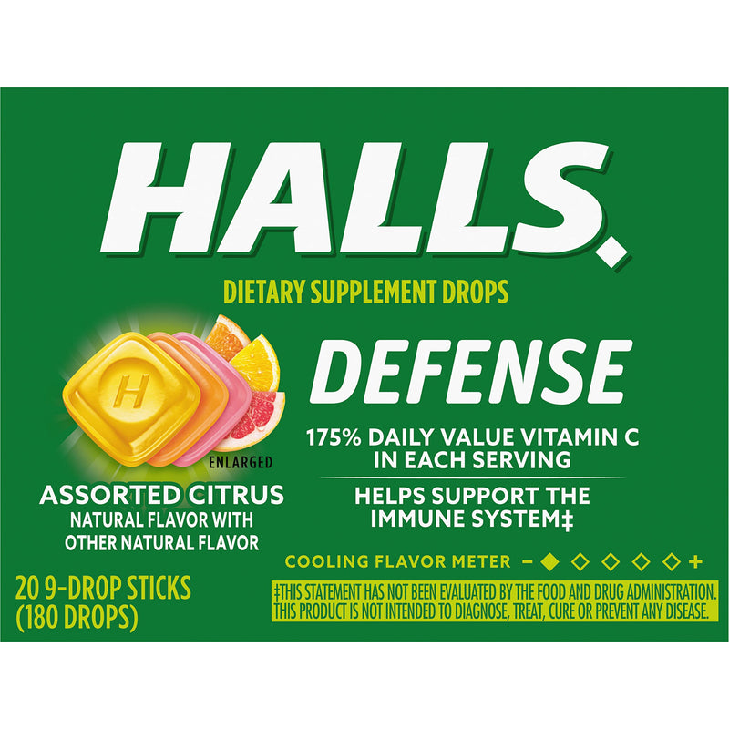 HALLS Defense Assorted Citrus Vitamin C Dietary Supplement Drops, 180 ct | Throat Drops, 20 Sticks of 9 180 Ounce (Pack of 1)
