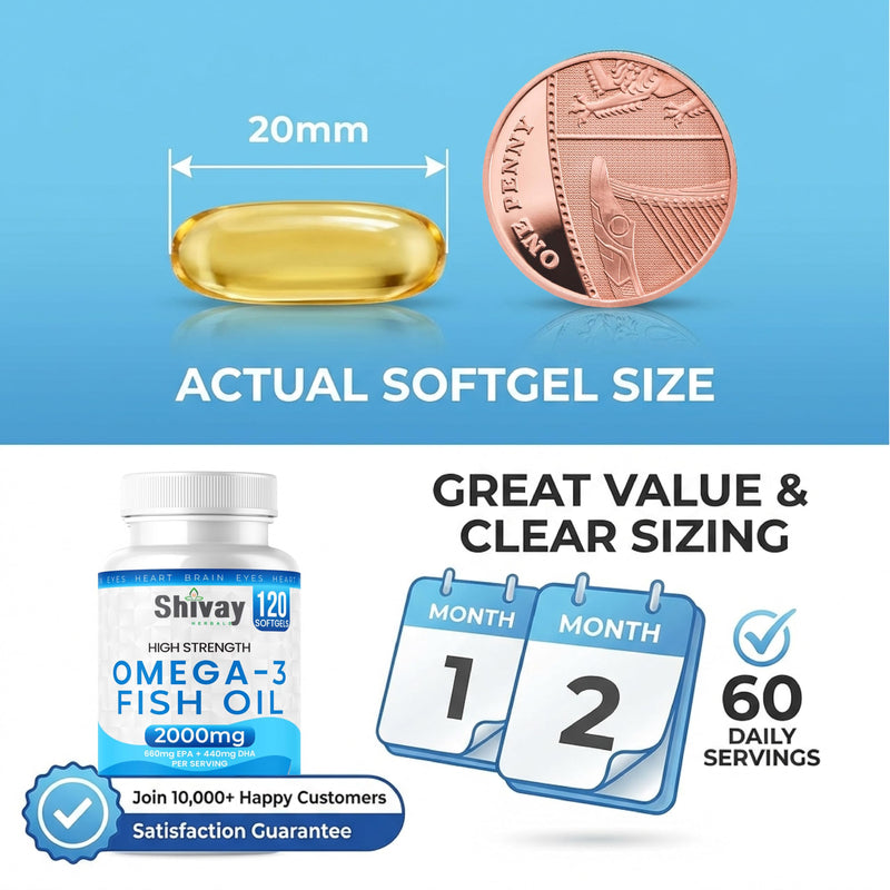 Omega 3 Fish Oil - High Strength 2000mg - 660mg EPA 440mg DHA per Serving | 240 Softgels - 4 Month Supply | Omega-3 Fatty Acid Softgel Capsules - Supports Heart Health, Brain, Vision - Shivay Herbals 120 count (Pack of 2)