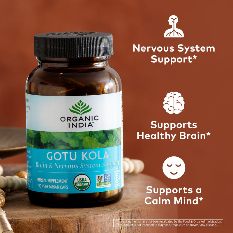 [Australia] - Organic India Gotu Kola Herbal Supplement - Adaptogen for Brain & Nervous System Support, Vegan, Gluten-Free, Kosher, USDA Certified Organic, Non-GMO, Calming, Clarity - 90 Capsules 