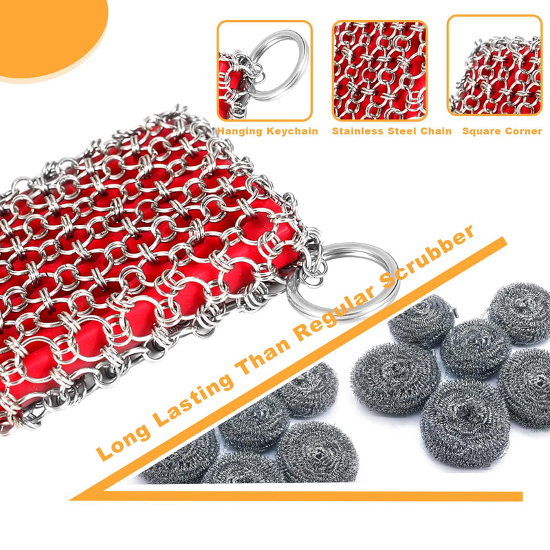 [Australia] - Cast Iron Scrubber, Skillet Chainmail Scrubber for Cast Iron Pan - Chain Mail Scrubber Cast Iron Sponge - Metal Scrubber Cast Iron Skillet Cleaner, Wok, frying pans, Dutch Oven Cleaning Scrubber 
