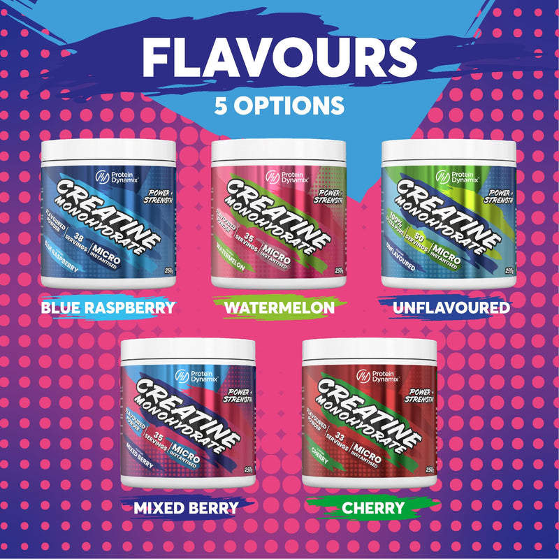 Protein Dynamix - Creatine Monohydrate Powder • Mixed Berry Flavour • 250g Tub (38 Servings) • Vegan & Gluten Free • Micronised Creatine Supplement for Muscle Strength, Power, Performance & Recovery 250 g (Pack of 1)