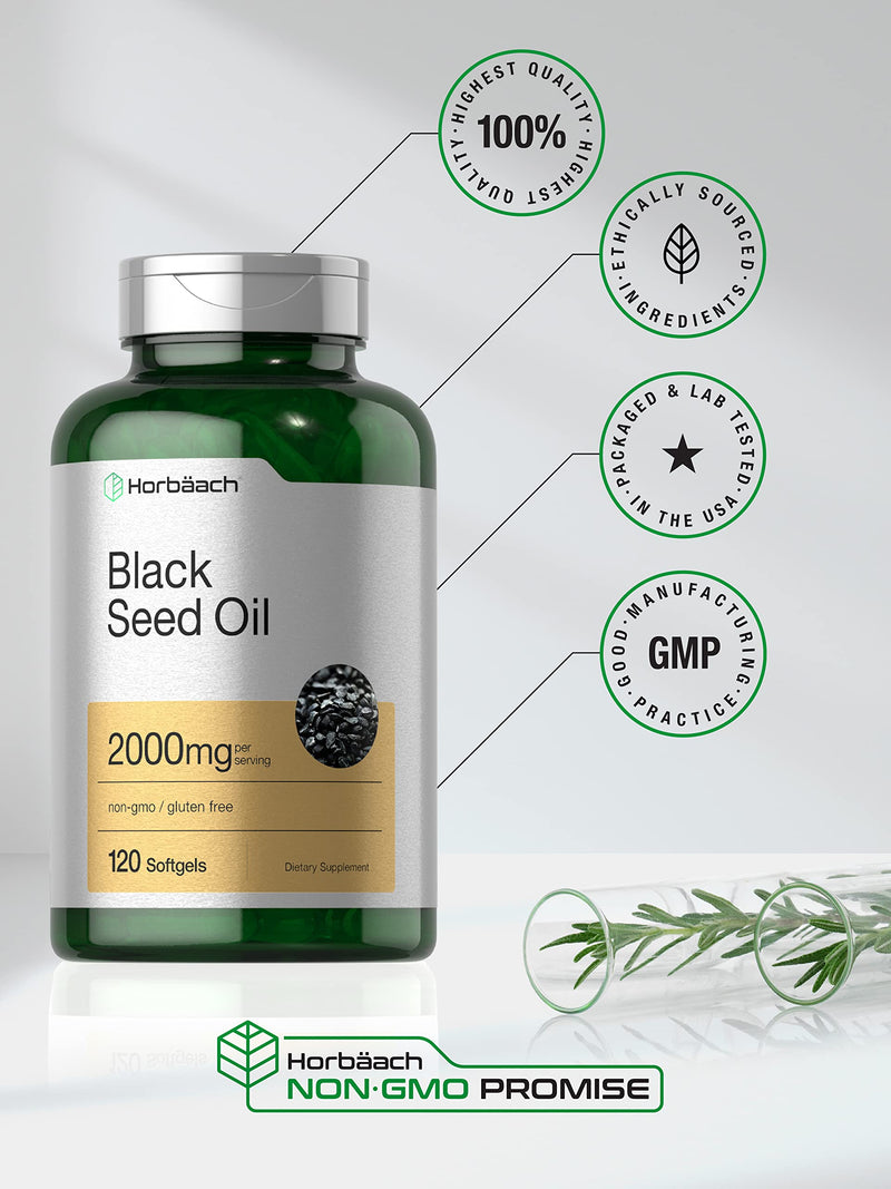 Horbäach Black Seed Oil 2000mg | 120 Softgel Capsules | Cold Pressed Nigella Sativa Pills | Non-GMO, Gluten Free Supplement