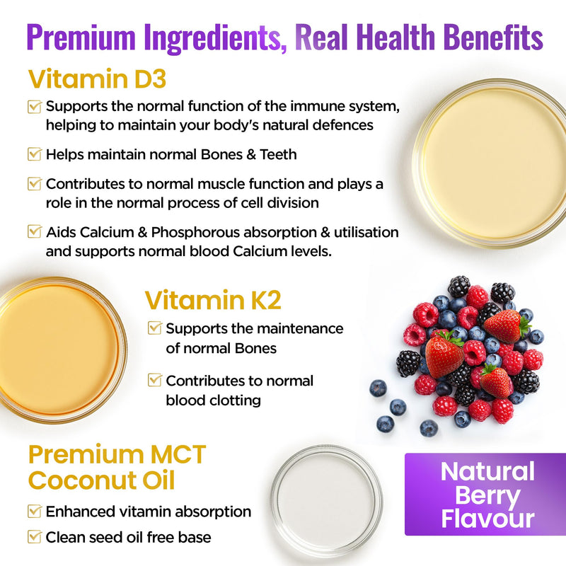 Vitamin D3 K2 Drops 4000iu Fast Absorbing MCT Oil for Immunity & Bones, 5-Month Supply High Strength Natural Berry Flavour Supplement for Adults & Kids 30ml