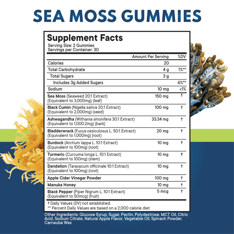 [Australia] - Sea Moss 3000mg with Colloidal Gold Black Seed Oil 2000mg Ashwagandha 1000mg Turmeric 1000mg Bladderwrack 1000mg Burdock 1000mg- with Manuka, Honey Dandelion with Trace Minerals - 120 Count 120 Gummies (Pack of 2) 