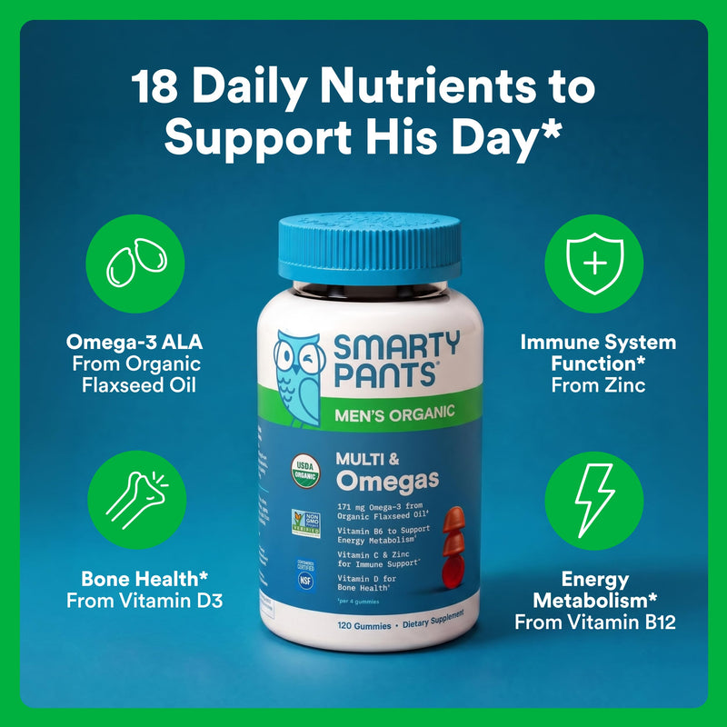 SmartyPants Multivitamin for Men, Organic Gummies: Methylfolate, Omega 3 (ALA), Vitamin D3, C, Vitamin B12, B6, A, K & Zinc for Immune Support, Biotin, Vegetarian, 120 Gummies (30 Day Supply) Organic + Omega