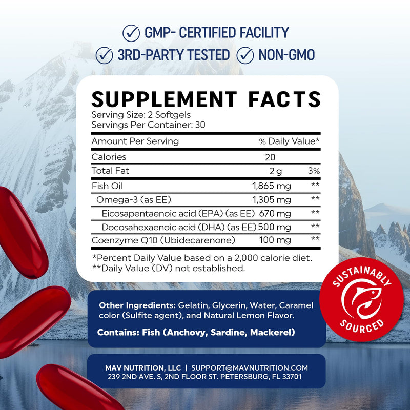 [Australia] - Omega 3 Fish Oil + Co Q10 | 1305MG Omega-3 with CoQ10 100MG for Heart Health, Cellular Energy, and Antioxidant Support | Co Q 10 + Omega3 | Coenzyme Q10 Fish Oil Supplements | Non-GMO | 60 Ct 