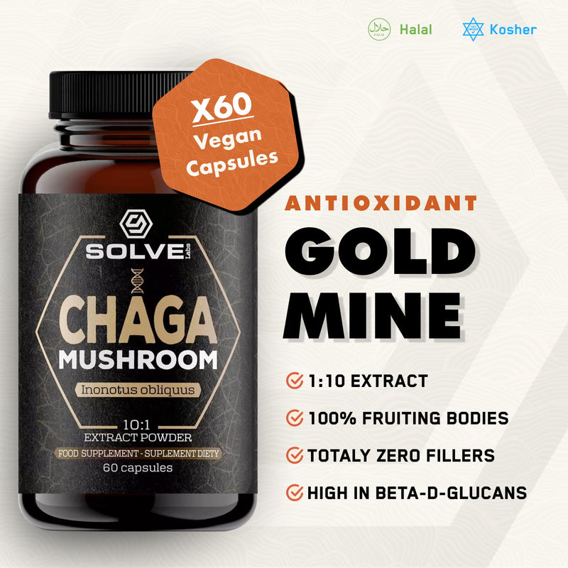 ● Premium Siberian Chaga Mushrooom Capsules ● 10% Beta-D-Glucans ● 10:1 Concentrate ● No Fillers & Additives ● 60 Capsules ● 1 Month Supply