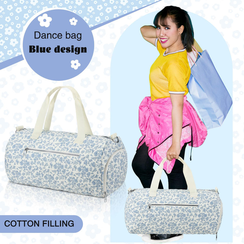 Dansydaisy Blue Floral Quilted Duffle Bag for Women Cotton Large Floral Travel Duffle Dance Bag with Adjustable Carry Strap and Handy Pouch Backpack for Dancers Travel