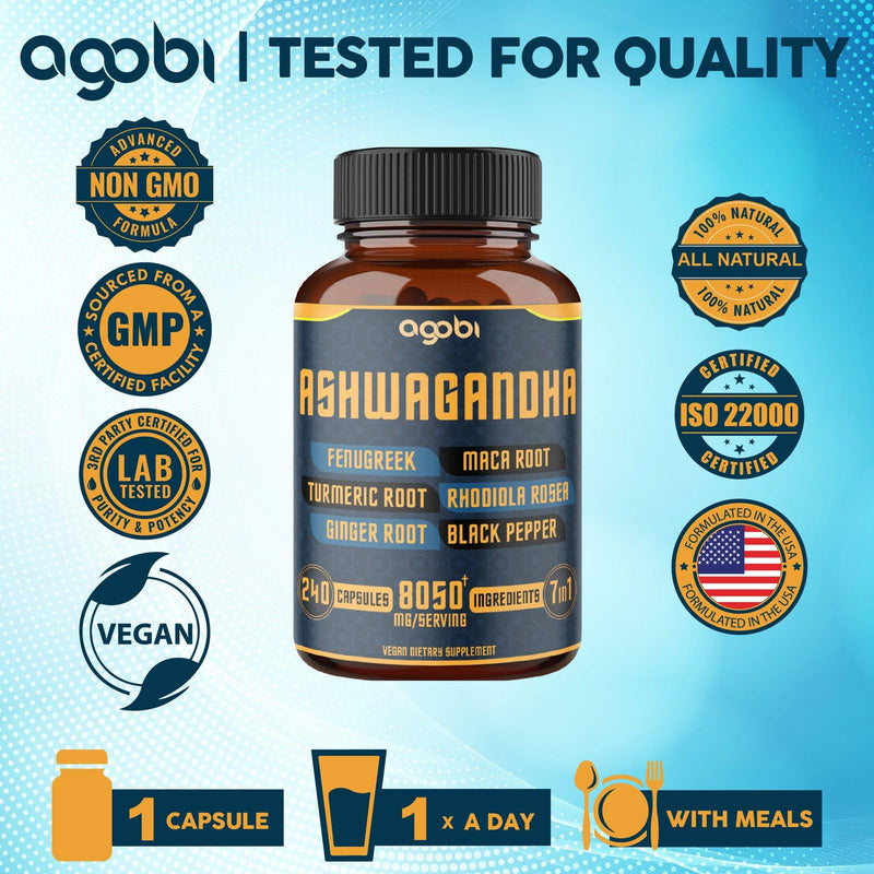 [Australia] - 240 Capsules - 8 Month Supply - 7in1 Ashwagandha 8050mg - Combined with Fenugreek, Maca, Turmeric, Rhodiola, Ginger, and Black Pepper - Mood, Strength, Spirit and Energy Support Supplement 