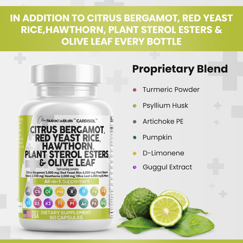 [Australia] - Clean Nutraceuticals Citrus Bergamot 3000mg Red Yeast Rice 6000mg Capsules with Plant Sterols 6000mg - with Hawthorn Extract Olive Leaf Niacin Vitamin K3 D3 COQ10 Guggul & More - USA Made 