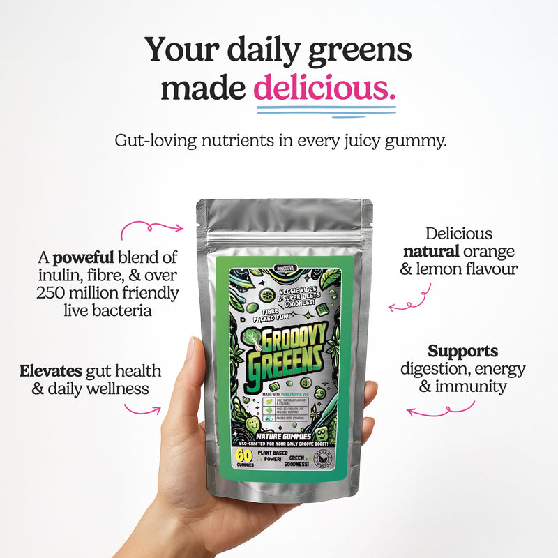 Grooovy Greeens Gummies, Super Greens with Probiotics, Fruit & Vegetable Extracts for Gut Health, Digestion & Energy, Vegan & Gluten Free, Natural Orange & Lemon Flavour x 60 Gummies