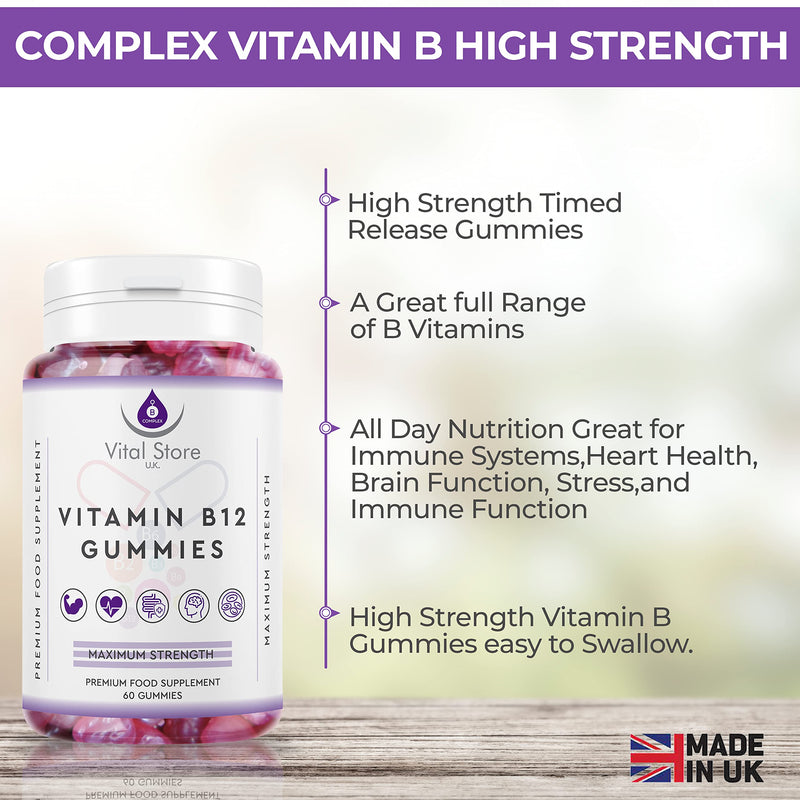 Vitamin B Complex Gummies - 2800MCG Per Serving - 60ct Berry Flavoured Sugar Free Vegan Gummies - with Added Vitamin C, D & B12,9,7,6,5,3,2,1, 60 Count (Pack of 1)