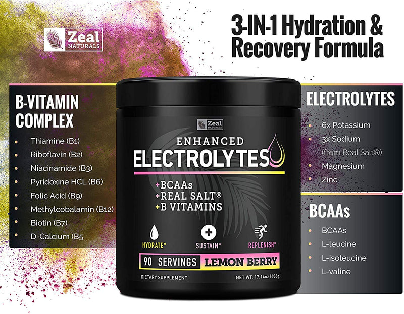 [Australia] - Electrolyte Powder Recovery Drink (90 Servings | Lemon Berry) w Real Salt +BCAAs +B-Vitamins Sugar Free Electrolyte Supplement w Potassium Zinc & Magnesium for Hydration - Keto Electrolytes 90 Servings (Pack of 1) 